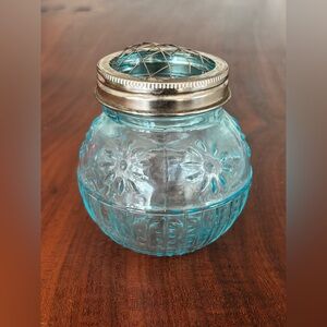 2003 ASP Aqua Pressed Glass Flower Vase with Metal Grid Lid